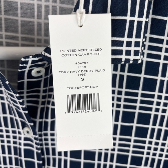 Tory Burch Sport Mercerized Plaid Camp Shirt Navy Size Small - Picture 4 of 5